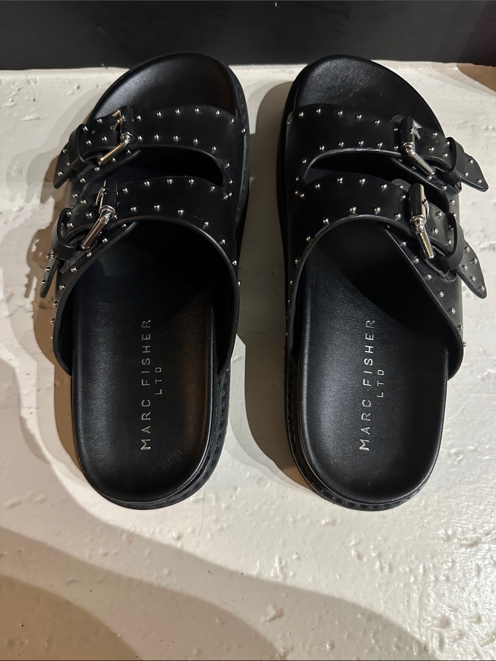 Marc Fisher Black Studded Double-Buckle Leather Slides - Picture 2 of 5